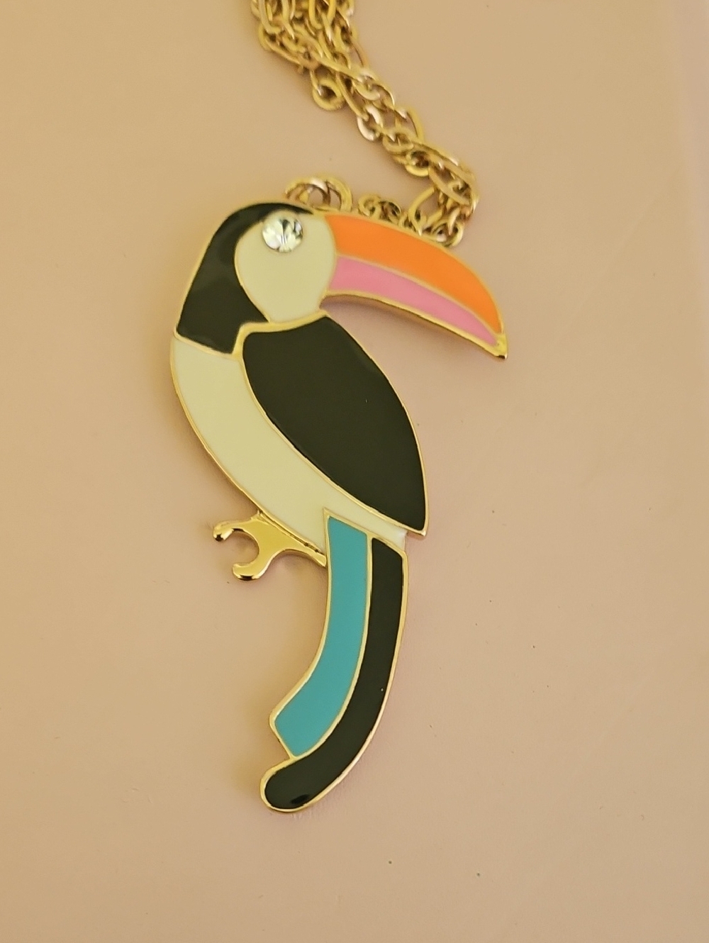 Colorful Toucan Bird Pendant Necklace - Black, Cream, Orange, Pink, Teal. Vintag